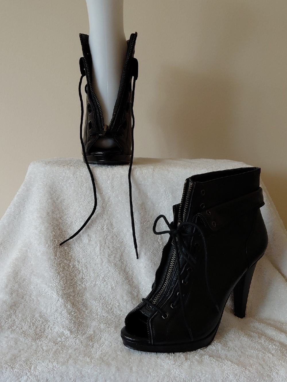 Kelsi Dagger Black Peep-Toe Lace-Up Ankle Heels